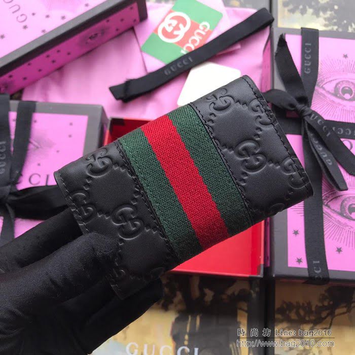 GUCCI古馳 新款 408828黑壓全皮 2018最新款 鑰匙包系列 雙GG壓花織帶 鑰匙包  ydgq3486